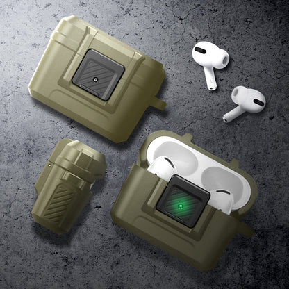 ACS05910 - Apple AirPods Pro Case Lock Fit in vintage khaki showing front, partial inner and side with airpods out in the case