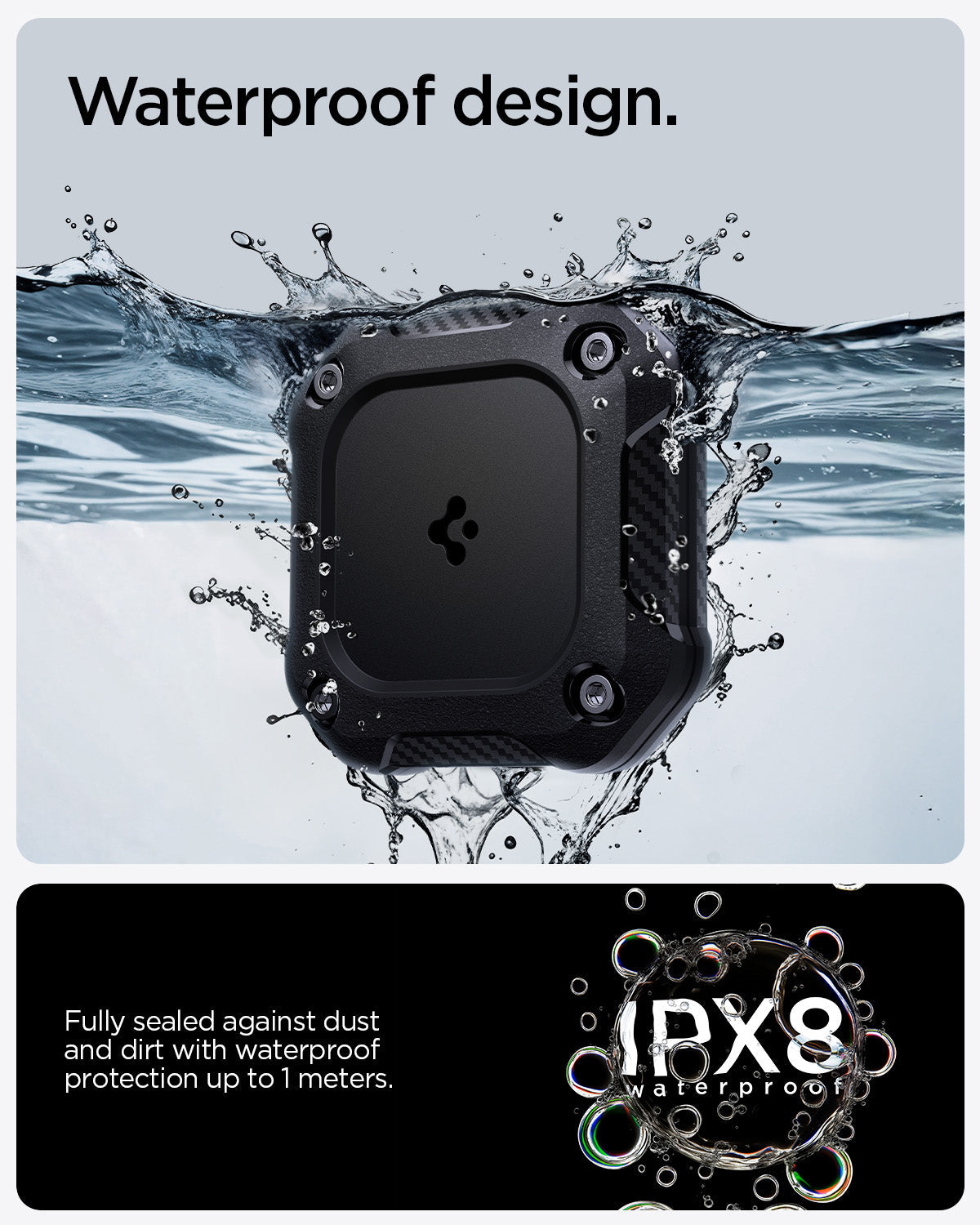 ACS09781 - 1 Pack Apple AirTag Tough Armor IP in Black showing the waterproof design. Fully sealed against dust and dirt with waterproof protection up to 1 meters