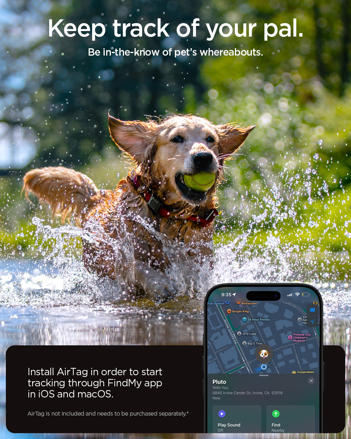 ACS09780 - Apple AirTag Tough Armor IP Pet Collar in Black showing keeping track of your pal. Install AirTag in order to start tracking through FindMy app in iOS and macOS. Airtag is not included and needs to be purchased separately