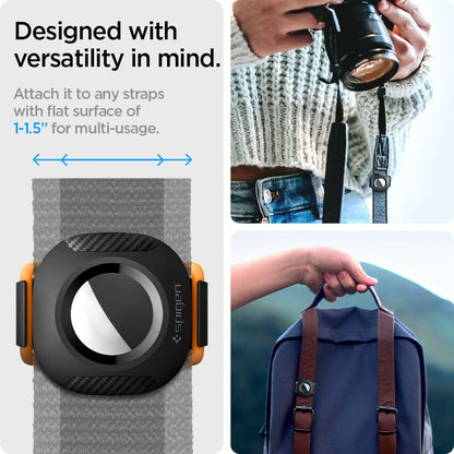 AHP03106 - Apple AirTag Pet Collar ComforTag in black showing the designed with versatility in mind. Attach it to any straps with flat surface f 1-15" for multi-usage