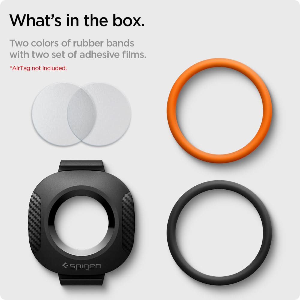 AHP03106 - Apple AirTag Pet Collar ComforTag in black showing what's in the box. Two colors of rubber bands with two set of adhesive films
