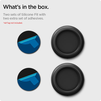 AHP03070 - Apple AirTag Case Silicone Fit in black showing the what's in the box, two sets of silicone fit with two extra set of adhesives