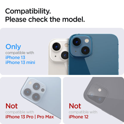 AGL03395 - iPhone 13 Mini / iPhone 13 Optik Lens Protector in black showing compatibility. Please check the model. Only compatible with iPhone 13, 13 mini . Not compatible with iPhone 13 pro and iPhone 13 pro max. Not compatible with iPhone 12
