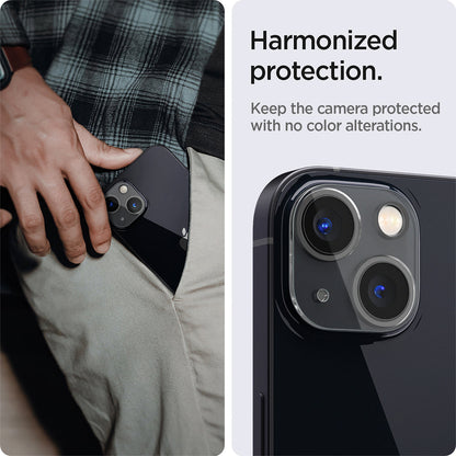 AGL04105 - iPhone 13 Mini / iPhone 13 Optik Lens Protector in crystal clear showing hamonized protection. Keep the camera protected and the colors matching