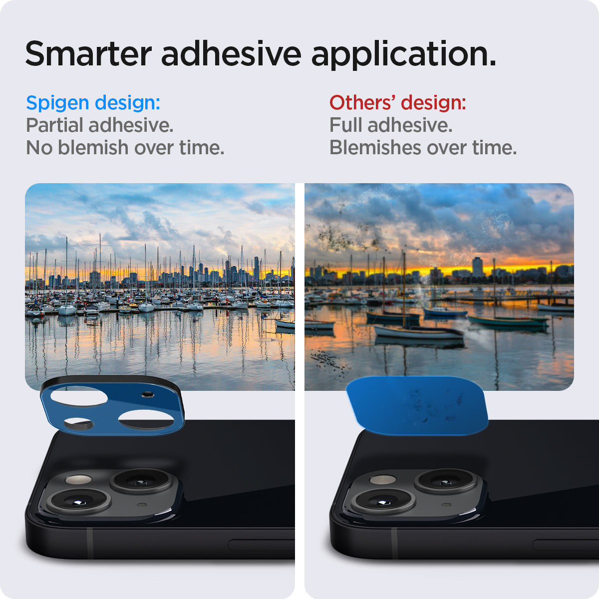 AGL03395 - iPhone 13 Mini / iPhone 13 Optik Lens Protector in black showing smarter adhesive application. Spigen design partial adhesive. No blemish over time. Other's design full adhesive over time.