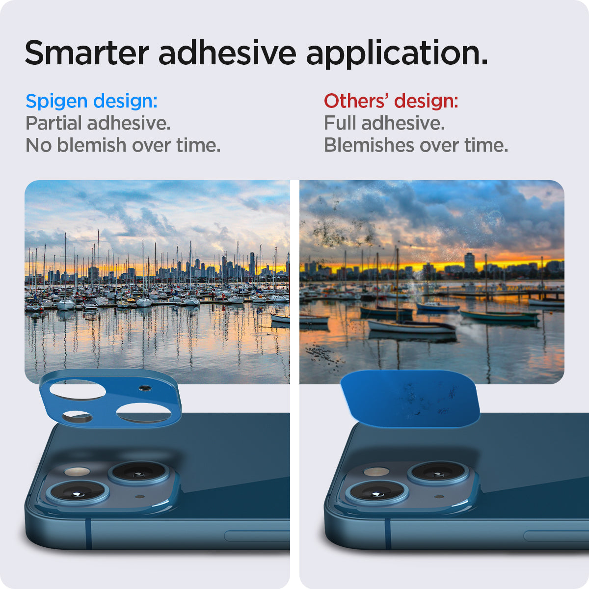 AGL04037 - iPhone 13 Mini / iPhone 13 Optik Lens Protector in blue showing smarter adhesive application. Spigen design partial adhesive. No blemish over time. Other's design full adhesive over time.