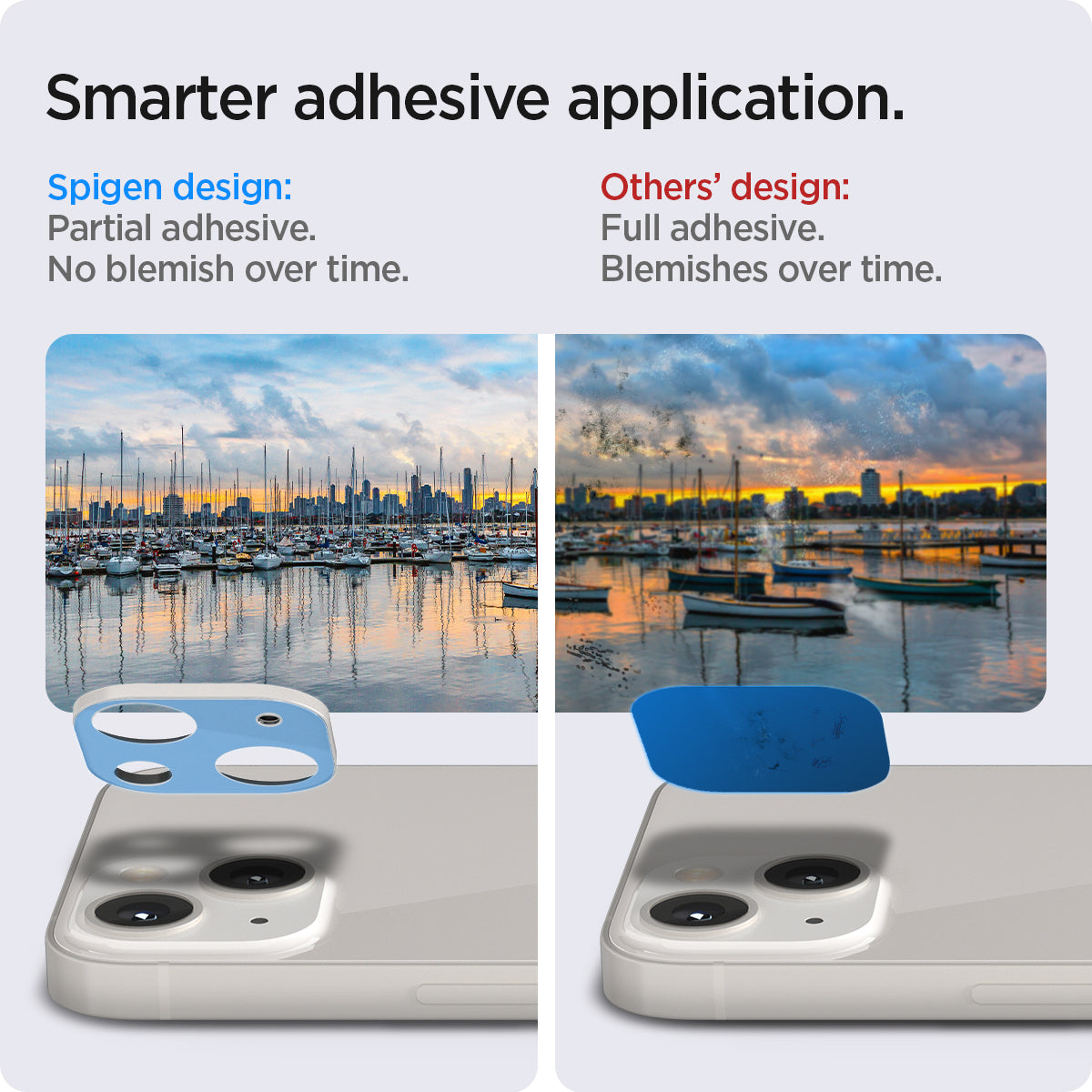 AGL04038 - iPhone 13 Mini / iPhone 13 Optik Lens Protector in starlight showing smarter adhesive application. Spigen design partial adhesive. No blemish over time. Other's design full adhesive over time.