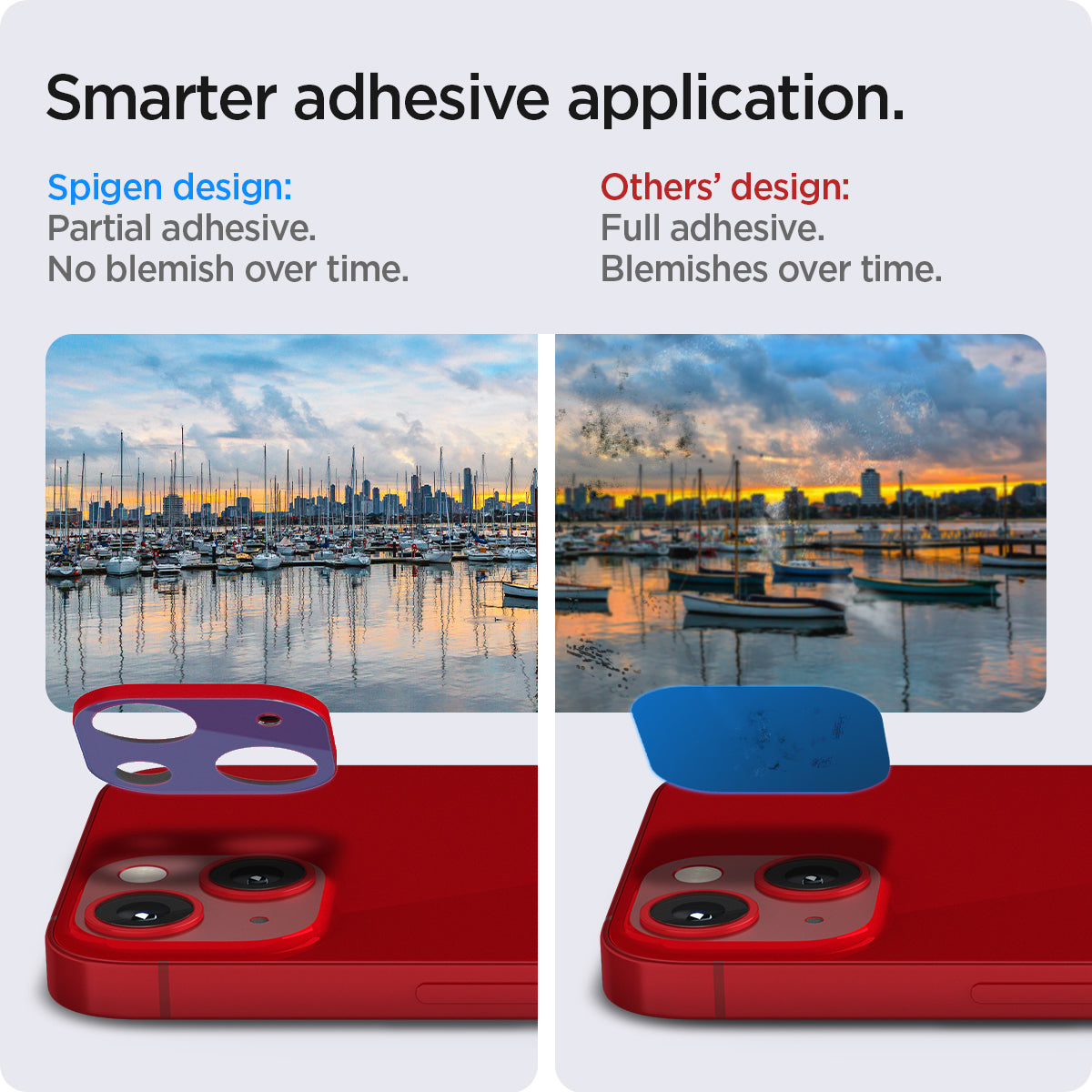 AGL04039 - iPhone 13 Mini / iPhone 13 Optik Lens Protector in red showing smarter adhesive application. Spigen design partial adhesive. No blemish over time. Other's design full adhesive over time.