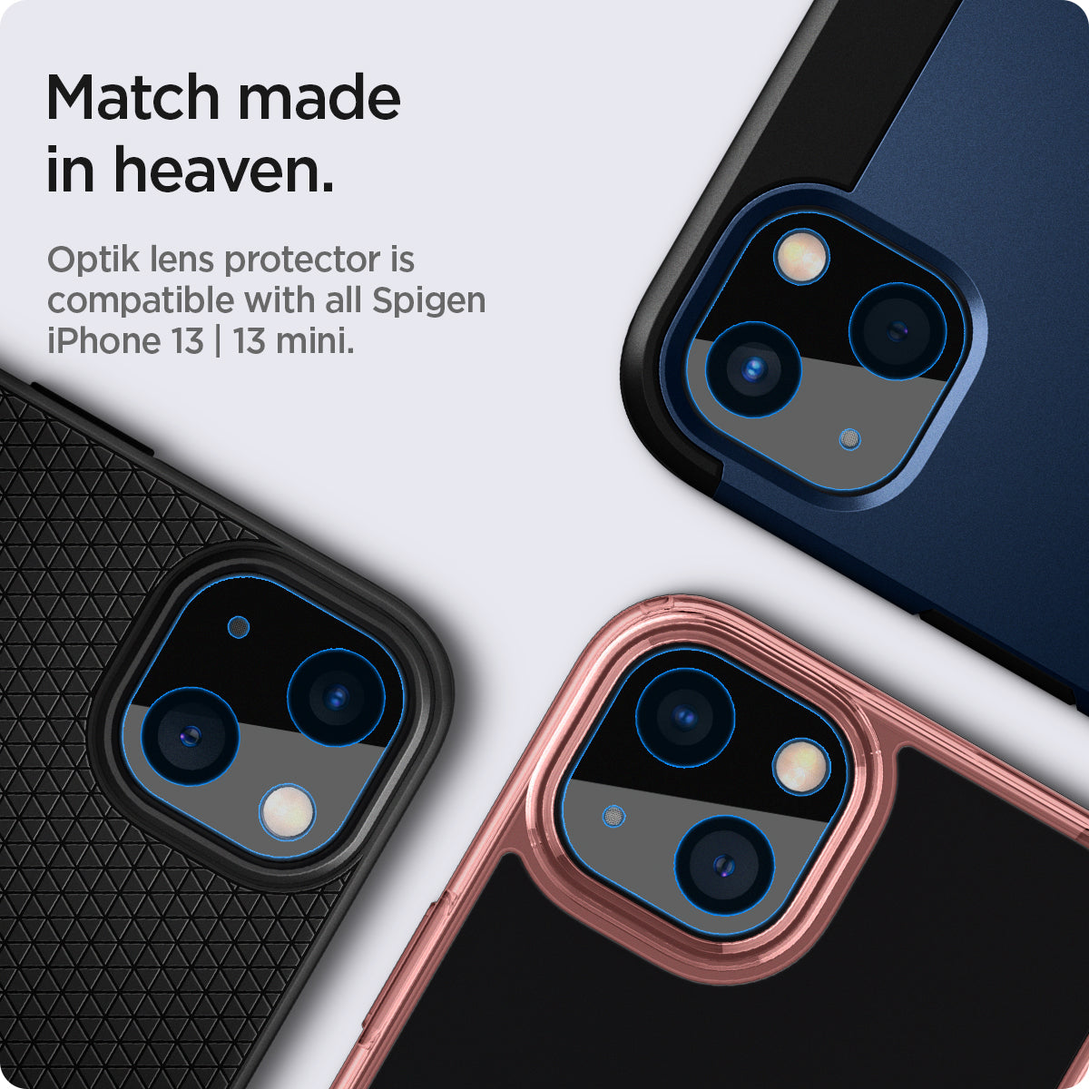 AGL03395 - iPhone 13 Mini / iPhone 13 Optik Lens Protector in black showing match made in heaven. Optik lens protectors is compatible with all spigen iPhone 13 and 13 mini max cases.