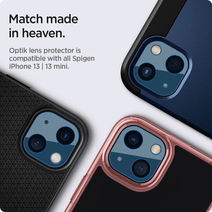 AGL04037 - iPhone 13 Mini / iPhone 13 Optik Lens Protector in blue showing match made in heaven. Optik lens protectors is compatible with all spigen iPhone 13 and 13 mini max cases.