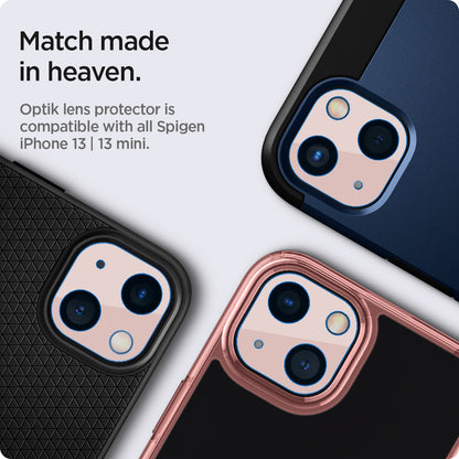 AGL04036 - iPhone 13 Mini / iPhone 13 Optik Lens Protector in pink showing match made in heaven. Optik lens protectors is compatible with all spigen iPhone 13 and 13 mini max cases.