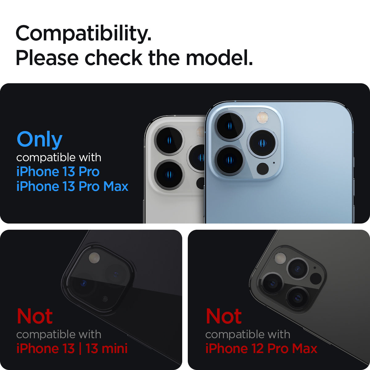 AGL04034 - iPhone 13 Pro Max / iPhone 13 Pro Optik Lens Protector in gold showing compatibility. Please check the model. Only compatible with iPhone 13 pro and iPhone 13 pro max. Not compatible with iPhone 13, 13 mini. Not compatible with iPhone 12 pro ma
