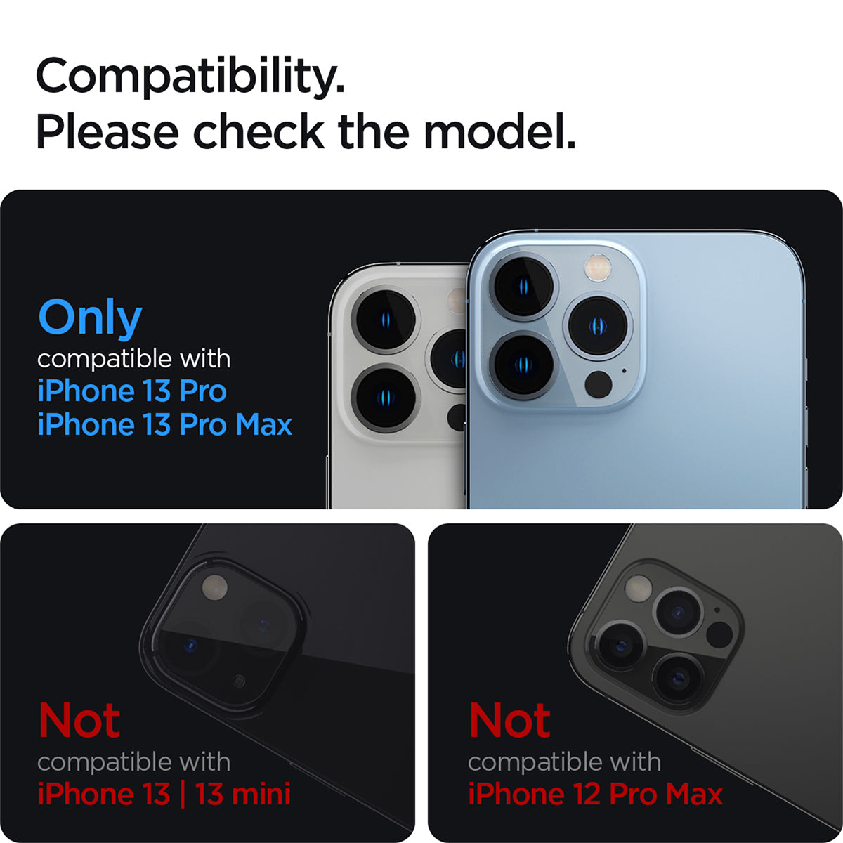 AGL04104 - iPhone 13 Pro Max / iPhone 13 Pro Optik Lens Protector in crystal clear showing compatibility. Please check the model. Only compatible with iPhone 13 pro and iPhone 13 pro max. Not compatible with iPhone 13, 13 mini. Not compatible with iPhone