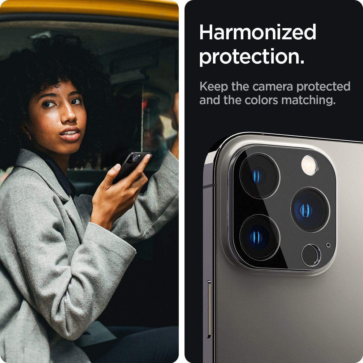 AGL03381 - iPhone 13 Pro Max / iPhone 13 Pro Optik Lens Protector in black showing hamonized protection. Keep the camera protected and the colors matching
