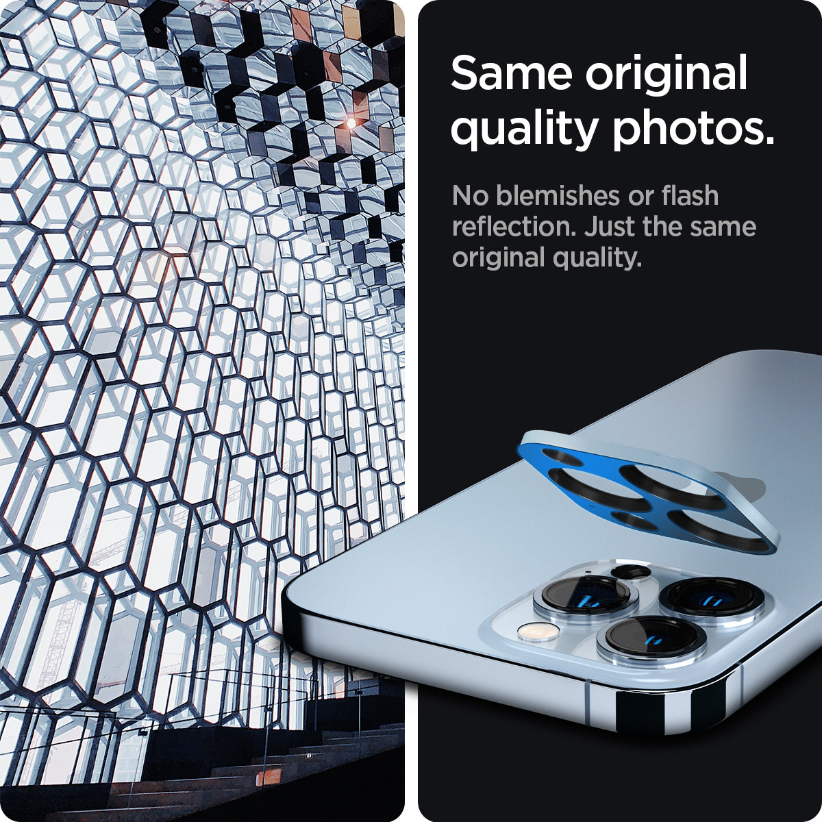 AGL04032 - iPhone 13 Pro Max / iPhone 13 Pro Optik Lens Protector in sierra blue showing same original quality photos. No blemishes or flash reflection. Just the same original quality.