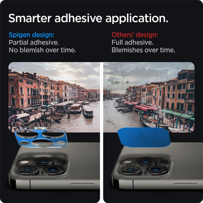 AGL04104 - iPhone 13 Pro Max / iPhone 13 Pro Optik Lens Protector in crystal clear showing smarter adhesive application. Spigen design partial adhesive. No blemish over time. Other's design full adhesive over time.