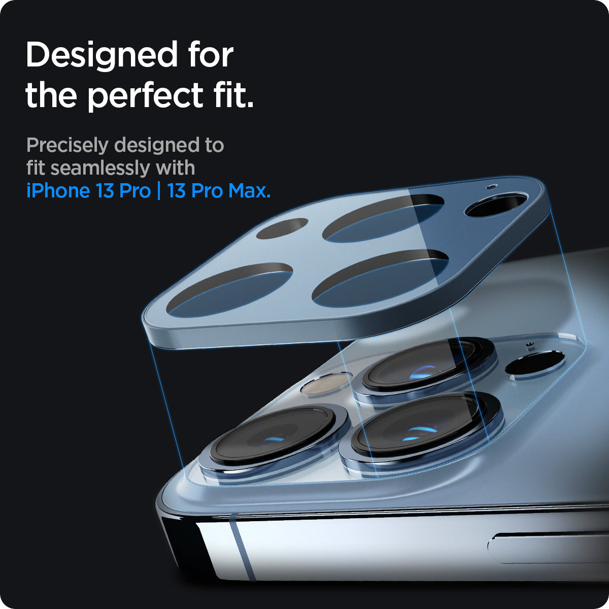 AGL04032 - iPhone 13 Pro Max / iPhone 13 Pro Optik Lens Protector in sierra blue showing designed for the perfect fit. Precisely designed to fit seamlessly with iPhone 13 pro and 13 pro max