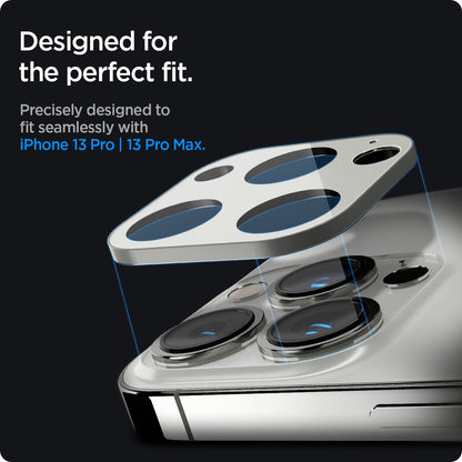 AGL04033 - iPhone 13 Pro Max / iPhone 13 Pro Optik Lens Protector in silver showing designed for the perfect fit. Precisely designed to fit seamlessly with iPhone 13 pro and 13 pro max