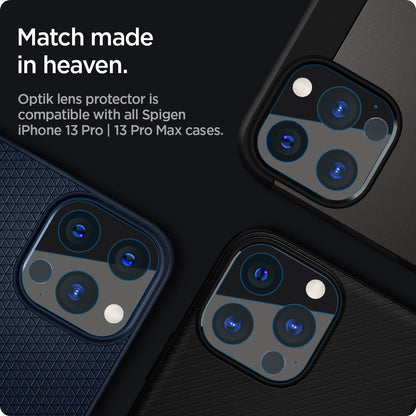 AGL03381 - iPhone 13 Pro Max / iPhone 13 Pro Optik Lens Protector in black showing match made in heaven. Optik lens protectors is compatible with all spigen iPhone 13 pro and 13 pro max cases.