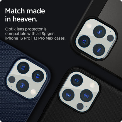AGL04033 - iPhone 13 Pro Max / iPhone 13 Pro Optik Lens Protector in silver showing match made in heaven. Optik lens protectors is compatible with all spigen iPhone 13 pro and 13 pro max cases.