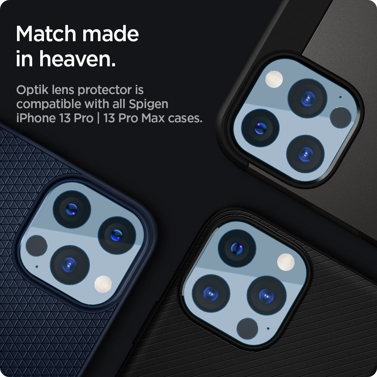 AGL04032 - iPhone 13 Pro Max / iPhone 13 Pro Optik Lens Protector in sierra blue showing match made in heaven. Optik lens protectors is compatible with all spigen iPhone 13 pro and 13 pro max cases.