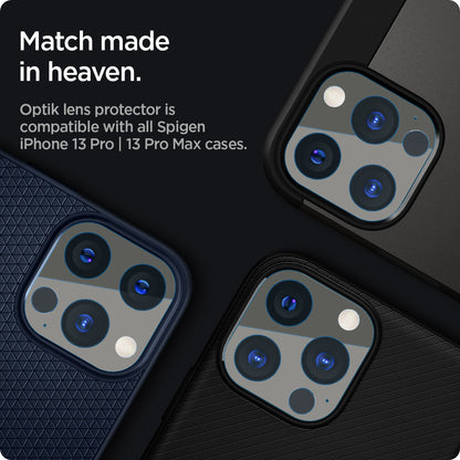 AGL04035 - iPhone 13 Pro Max / iPhone 13 Pro Optik Lens Protector in graphite showing match made in heaven. Optik lens protectors is compatible with all spigen iPhone 13 pro and 13 pro max cases.