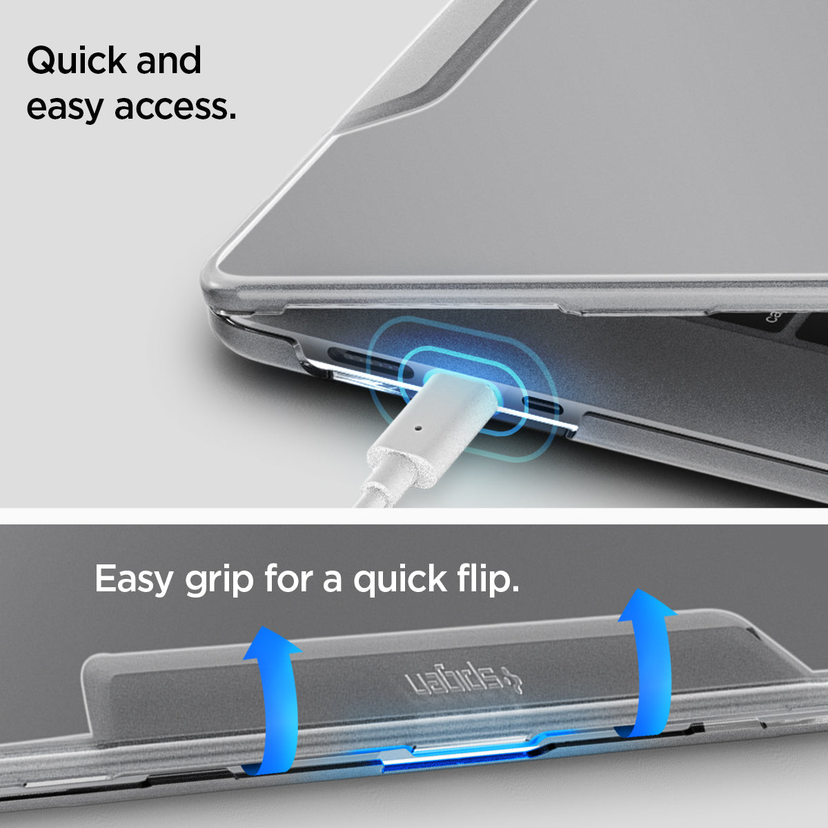 ACS05271 - MacBook Air Case Thin Fit in crystal clear showing the quick and easy access. Easy grip for a quick flip