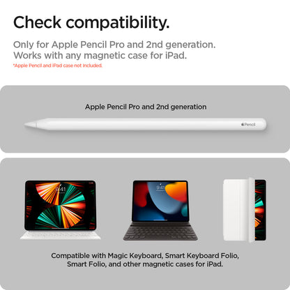 APP06266 - Apple Pencil Holder DA20 in White showing the compatibility. Only for Apple Pencil Pro and 2nd generation. Works with any magnetic case for iPad. Apple Pencil Pro and 2nd Generation. Compatible with Magic Keyboard, Smart Keyboard Folio, Smart Folio. and other magnetic cases for iPad