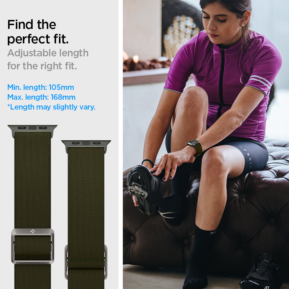 AMP02292 - Apple Watch Series (Apple Watch (41mm)/Apple Watch (38mm)) Watch Band Lite Fit in khaki adjustable length for the right fit. Find the perfect fit. Adjustable length for the right fit. Min-length : 108mm and Max-length : 180mm.adjustable length for the right fit. Find the perfect fit. Adjustable length for the right fit. Min-length : 108mm and Max-length : 180mm.