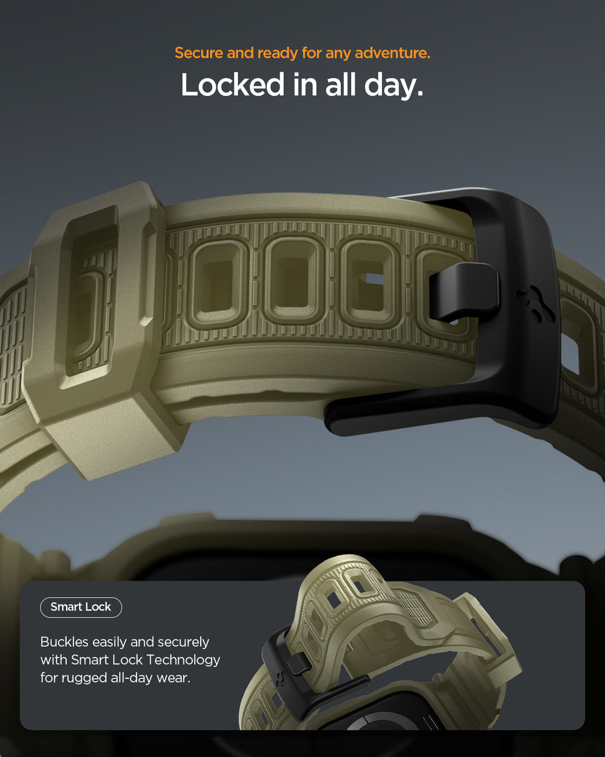 ACS10507 - Apple Watch 10/11 (46mm) Rugged Armor Pro 2 in Vintage Khaki showing secure and ready for any adventure. locked in all day