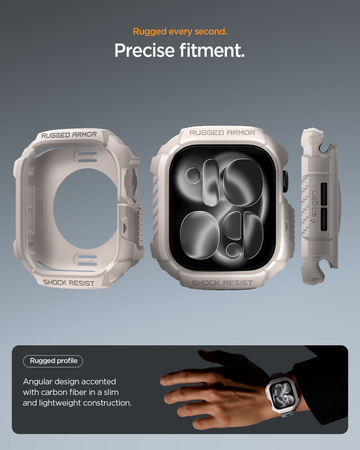 ACS10493 - Apple Watch 10/11 (42mm) Rugged Armor 2 in Dune Beige showing rugged every second. precise fitment.