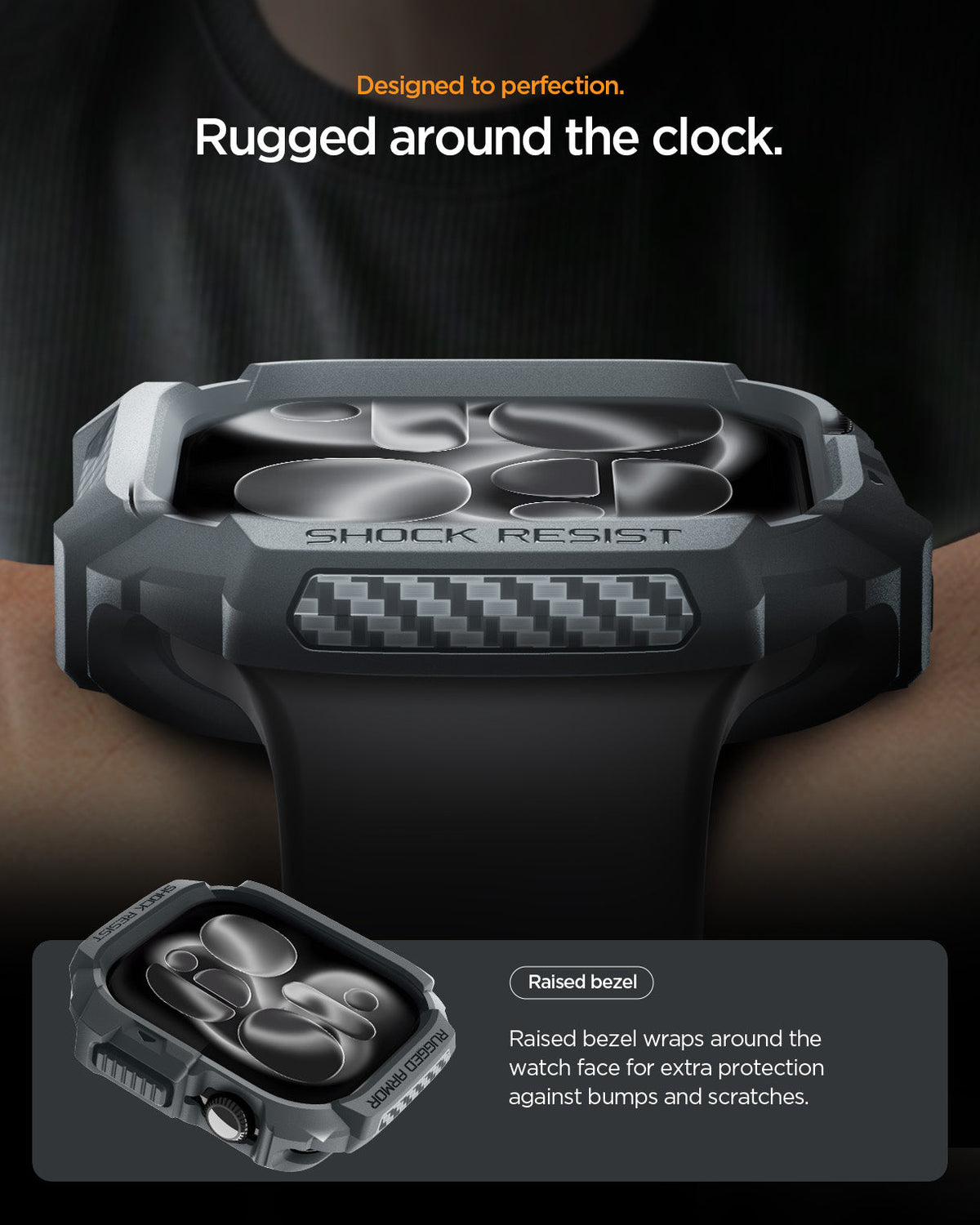 ACS10500 - Apple Watch 10/11 (46mm) Rugged Armor 2 in Dark Gray showing designed to perfection. rugged around the clock