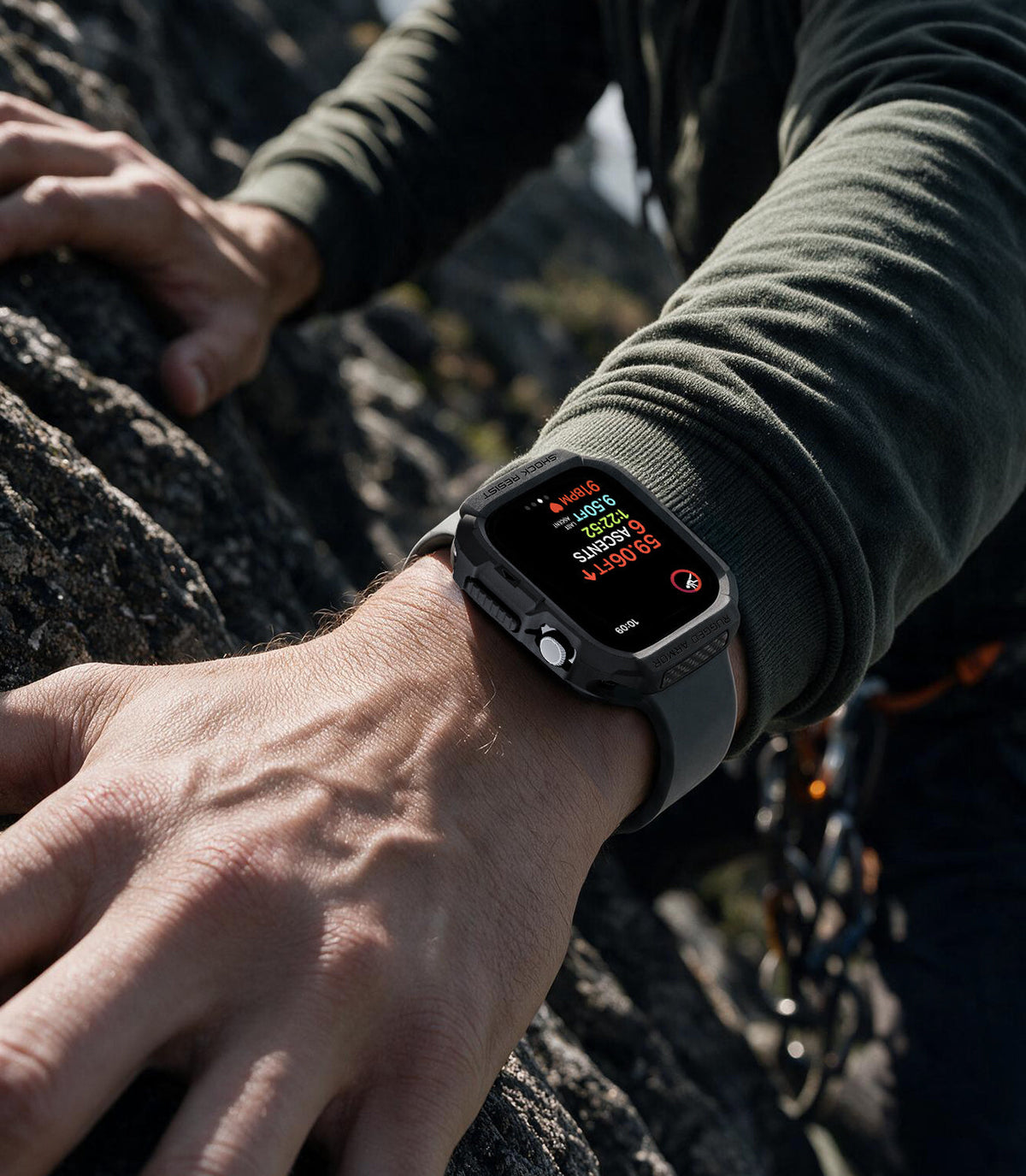ACS11877 - Apple Watch Series 12(42mm) Case Rugged Armor in Matte Black showing the rugged protective case worn during an outdoor climbing activity