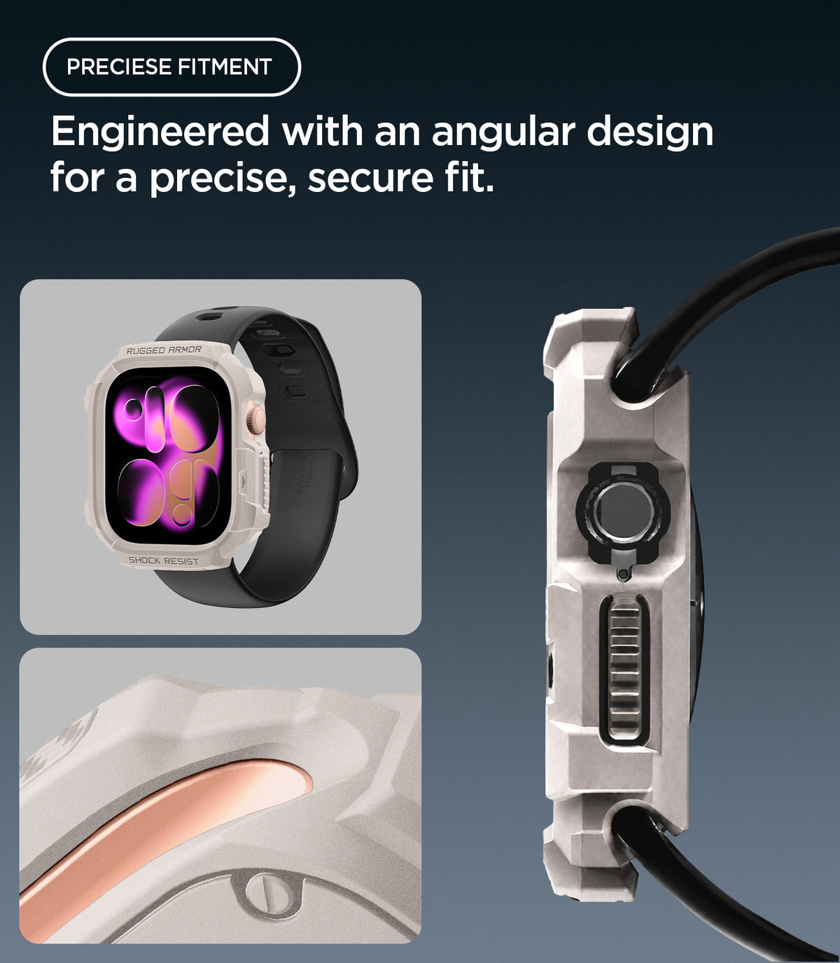 ACS11889 - Apple Watch Series 12 (46mm) Case Rugged Armor in Dune Beige showing the angular protective frame with precise fit around the crown and side controls