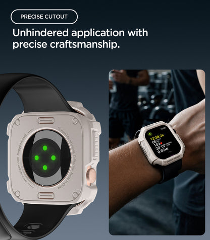 ACS11889 - Apple Watch Series 12 (46mm) Case Rugged Armor in Dune Beige showing the rear sensor opening and precise cutouts with the rugged case worn during a workout