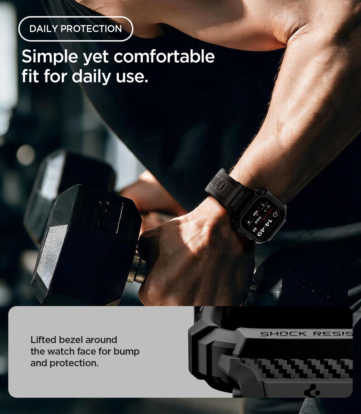 ACS11883 - Apple Watch Series 12(42mm) Case Rugged Armor Pro in Matte Black showing the raised bezel design providing added protection during everyday activities