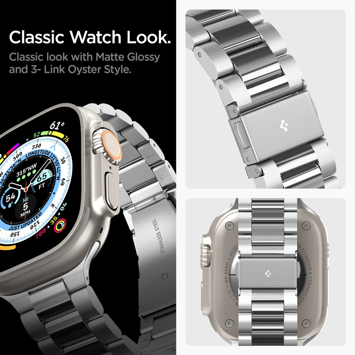 AMP06357 - Apple Watch (41mm) Modern Fit 316L Band in Silver classic look with matte glossy and 3-link oyster style. classic watch look.
