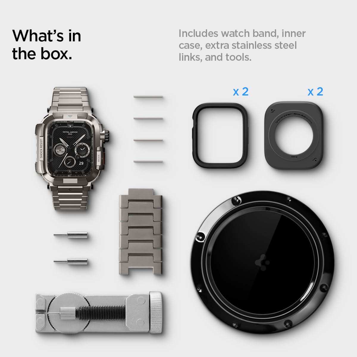 ACS07660 - Apple Watch (45mm) Case Metal Armor Pro in Gunmetal showing what's in the box? Includes watch band, inner case, extra stainless steel links, and tools