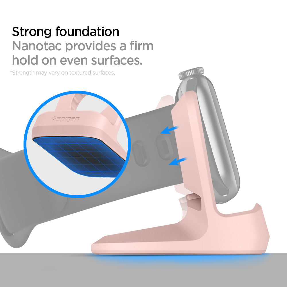 000CD21183 - Apple Watch Night Stand S350 in pink showing the Strong foundation. Nanotac provides a firm hold on even surfaces