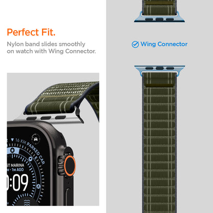 AMP10142 - Apple Watch 10/11 (46mm) WBF0 in Green showing the perfect fit. Nylon band slides smoothly on watch with Wing Connector