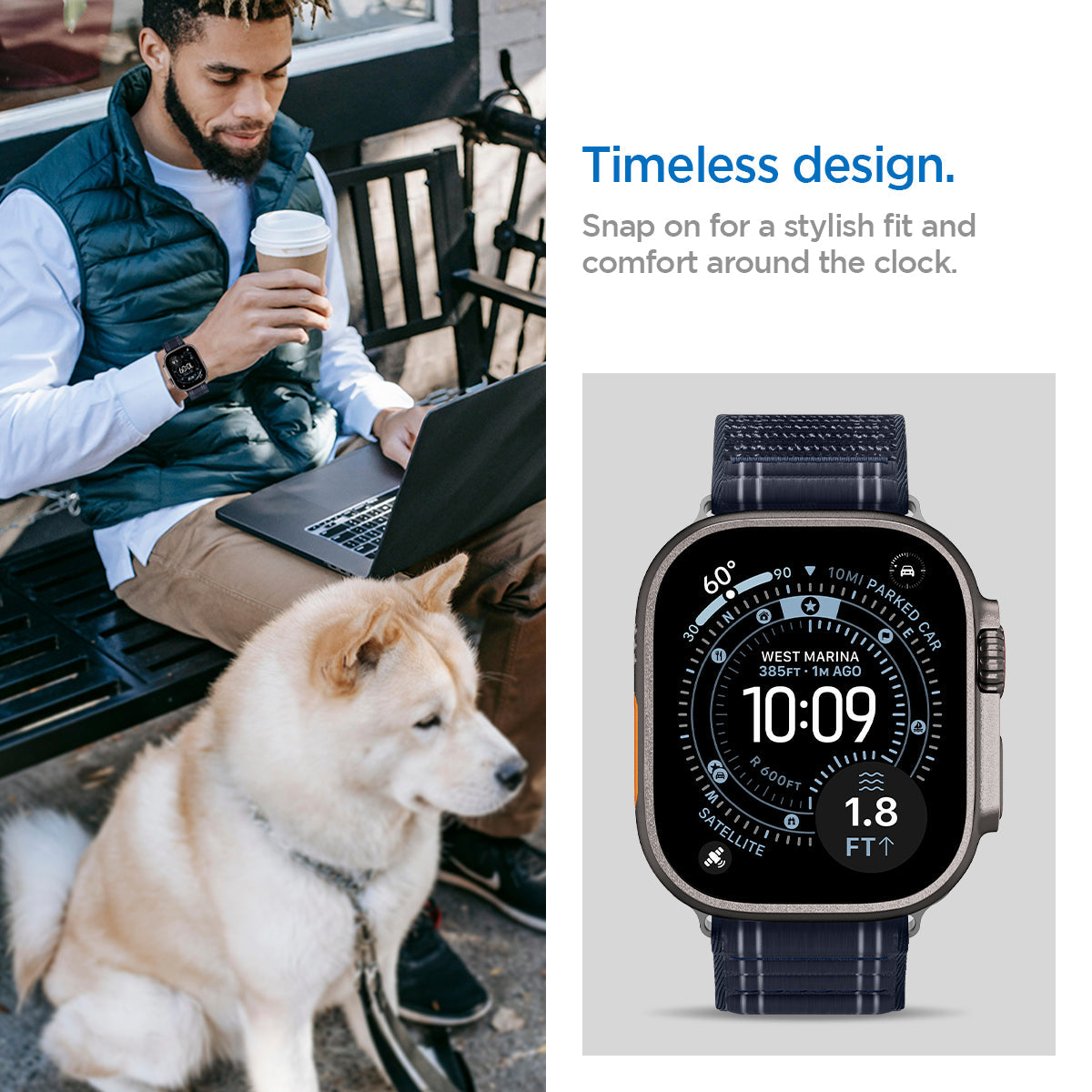 AMP10143 - Apple Watch 10/11 (46mm) WBF0 in Navy showing the timeless design. Snap on for a stylish fit and comfort around the clock
