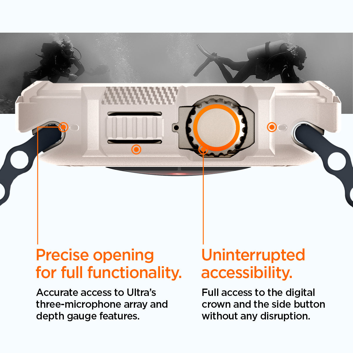 ACS07381 - Apple Watch (49mm) Rugged Armor in Dune Beige showing precise opening for full functionality. Accurate access to Ultra's three-microphone array and depth gauge features. Uninterrupted accessibility. Full access to the digital crown and the side button without any disruption.