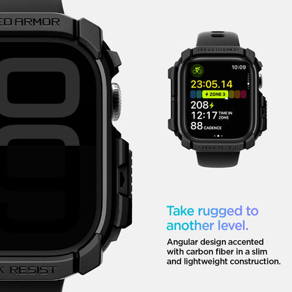 ACS08585 - Apple Watch 10 (42mm) Case Rugged Armor in Matte Black angular design accented with carbon fiber in a slim and lightweight construction. Take rugged to another level.
