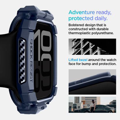 ACS08586 - Apple Watch 10 (42mm) Case Rugged Armor in Navy Blue adventure ready, protected daily. Bolstered design that is constructed with durable thermoplastic polyurethane. Lifted bezel around the watch face for bump protection.