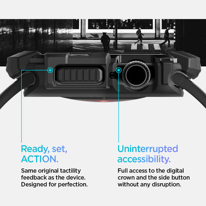 ACS08597 - Apple Watch 10 (46mm) Case Rugged Armor in Matte Black Same original tactility feedback as the device designed for perfection. Showing Ready, set, Action. Uninterrupted accessibility. Full access to the digital crown and the side button without any disruption.