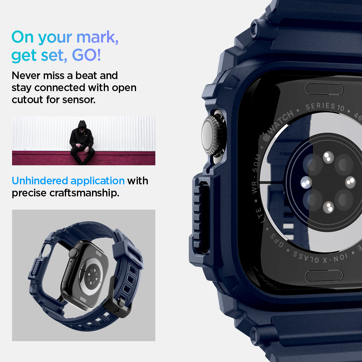 ACS08606 - Apple Watch 10 (46mm) Case Rugged Armor Pro in Navy Blue never miss a beat and stay connected with open cutout for the sensor. Write down On your mark, get set GO! Unhindered application with precise craftsmanship.