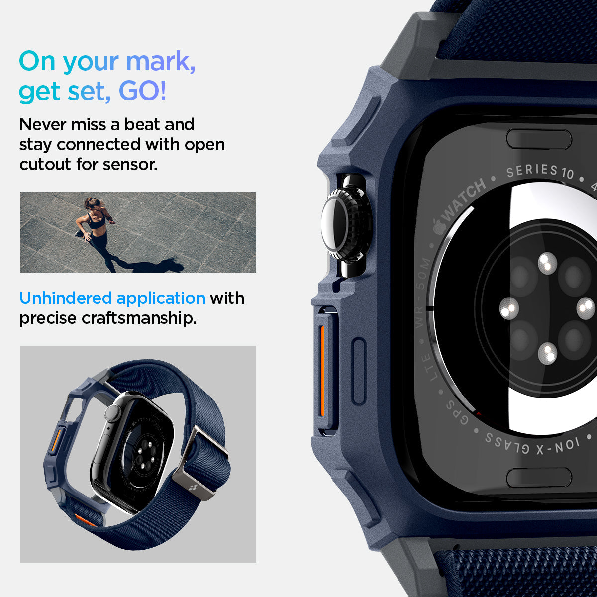 ACS08925 - Apple Watch 10 (46mm) Case Lite Fit Pro in Navy Blue showing how you will never miss a beat and stay connected with open cutout for sensor. Unhindered application with precise