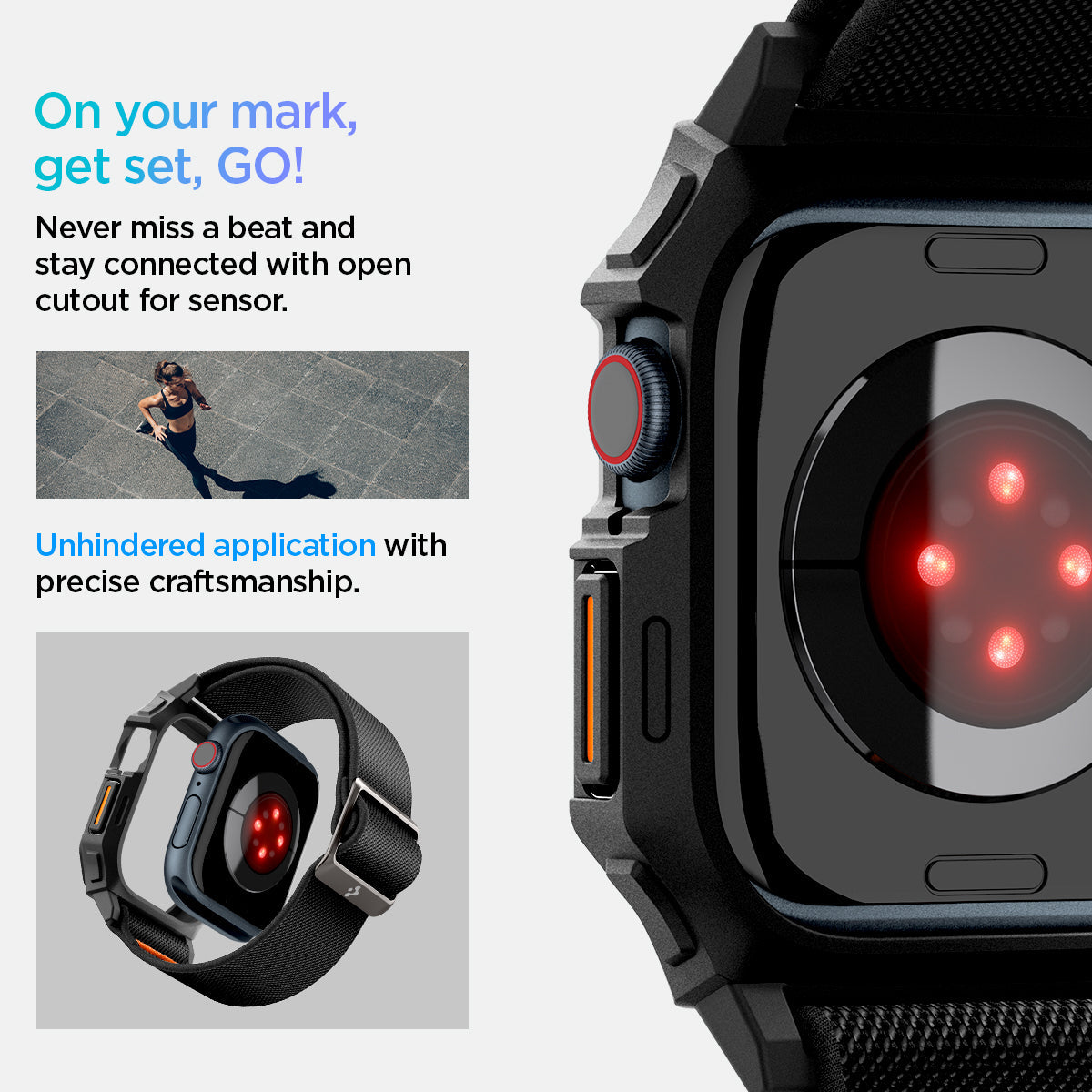 ACS08609 - Apple Watch (46mm) Case Lite Fit Pro in Matte Black showing how you will never miss a beat and stay connected with open cutout for sensor. Unhindered application with precise craftsmanship