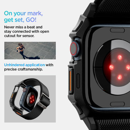 ACS08609 - Apple Watch (46mm) Case Lite Fit Pro in Matte Black showing how you will never miss a beat and stay connected with open cutout for sensor. Unhindered application with precise craftsmanship