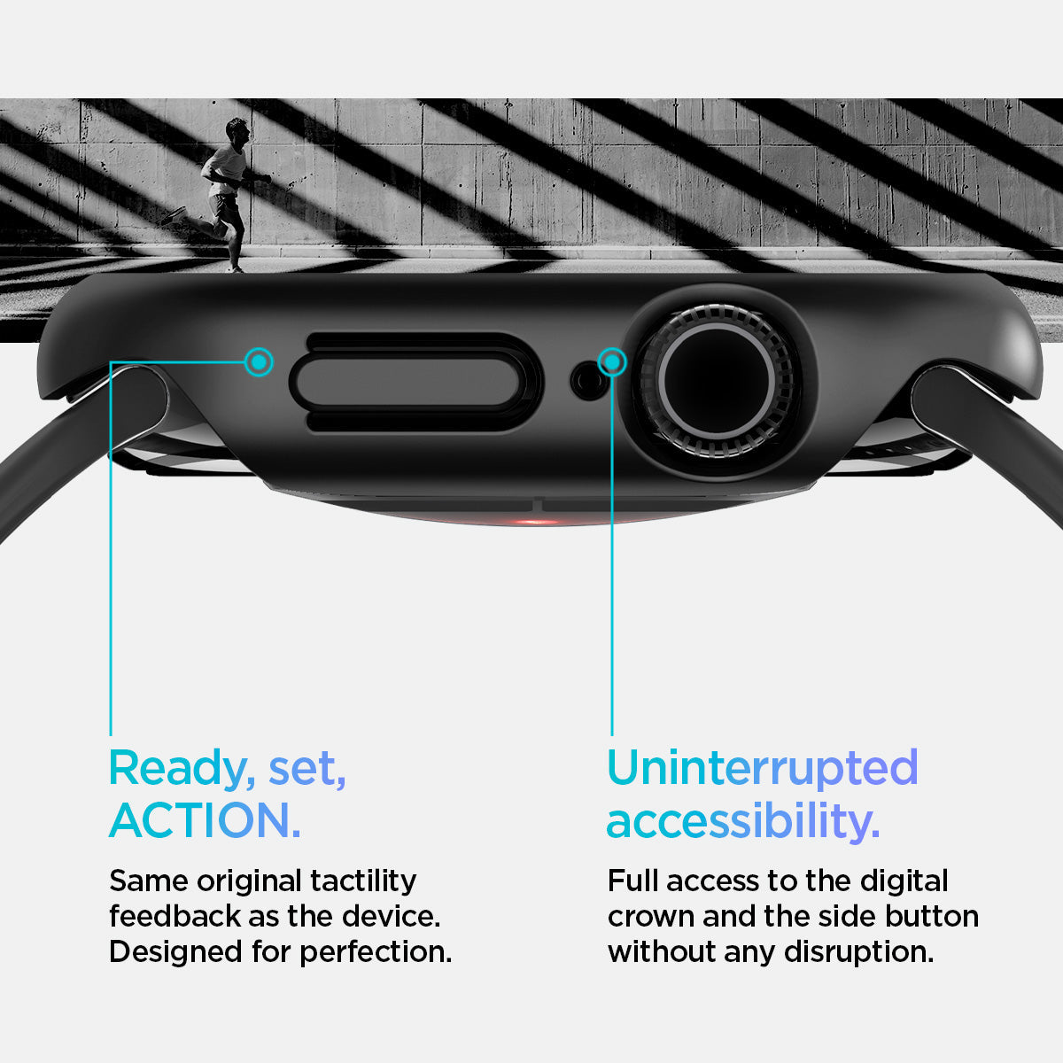 ACS08588 - Apple Watch 10 (42mm) Case Thin Fit in Black same original tactility feedback as the device designed for perfection. Ready set action. Uninterrupted accessibility. Full access to the digital crown and the side button without any disruption.